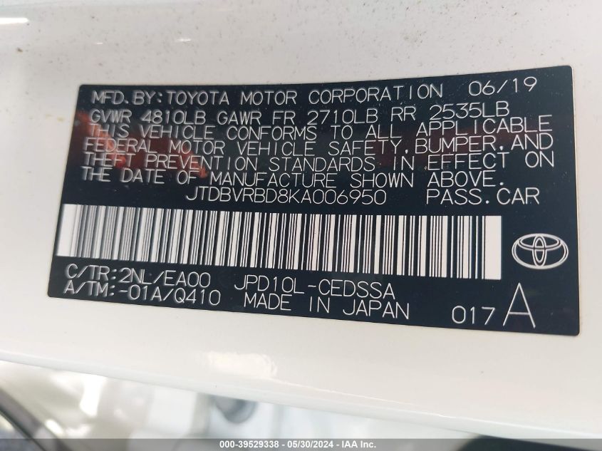 2019 Toyota Mirai VIN: JTDBVRBD8KA006950 Lot: 40438254