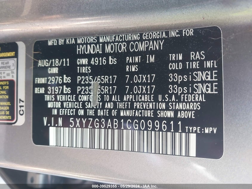 2012 Hyundai Santa Fe Gls VIN: 5XYZG3AB1CG099611 Lot: 39529355