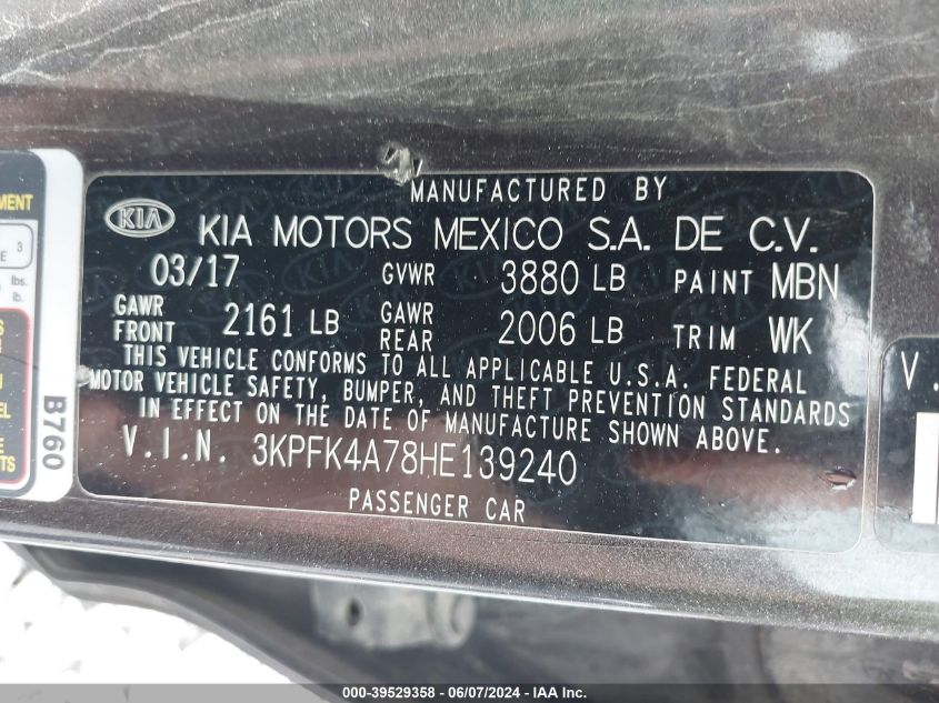 2017 Kia Forte Lx VIN: 3KPFK4A78HE139240 Lot: 39529358