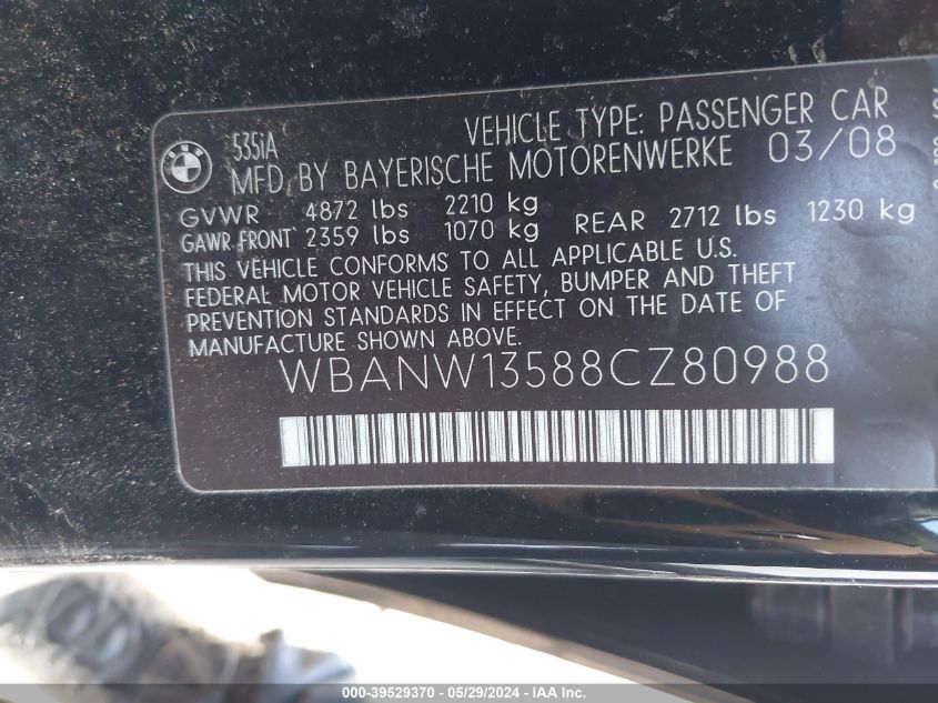2008 BMW 535I VIN: WBANW13588CZ80988 Lot: 39529370