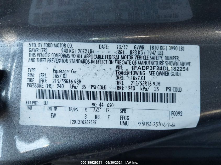 2013 Ford Focus Se VIN: 1FADP3F24DL182254 Lot: 39529371