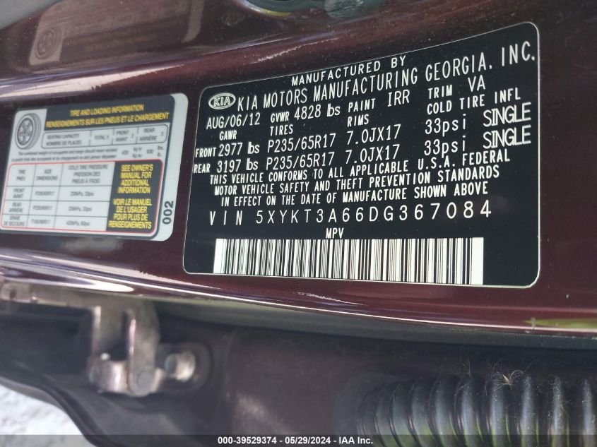 2013 Kia Sorento Lx VIN: 5XYKT3A66DG367084 Lot: 39529374