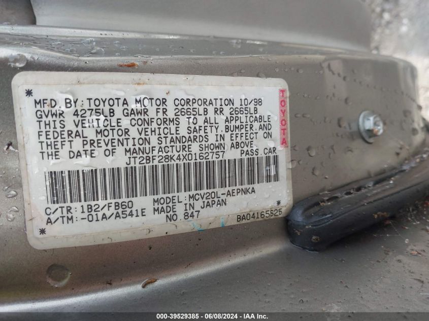 1999 Toyota Camry Le V6 VIN: JT2BF28K4X0162757 Lot: 39529385