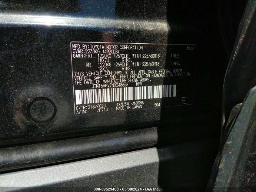 2022 Toyota Rav4 Se Hybrid VIN: JTM16RFV7ND048668 Lot: 39529400