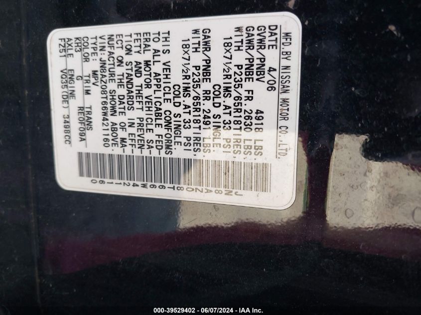 2006 Nissan Murano Sl VIN: JN8AZ08T66W421160 Lot: 39529402