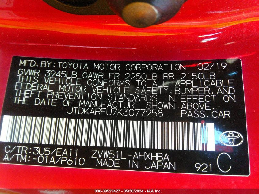 2019 Toyota Prius Limited VIN: JTDKARFU7K3077258 Lot: 39529427