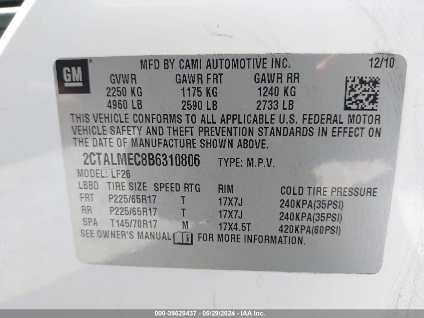 2011 GMC Terrain Sle-1 VIN: 2CTALMEC8B6310806 Lot: 39529437