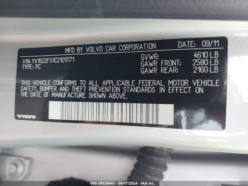 2012 Volvo S60 T5 VIN: YV1622FS1C2101771 Lot: 39529441