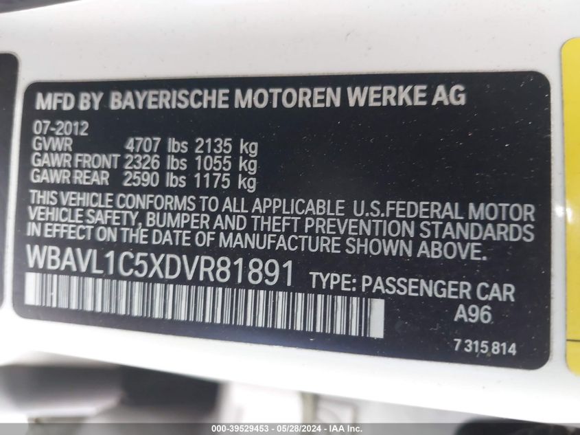 2013 BMW X1 xDrive28I VIN: WBAVL1C5XDVR81891 Lot: 39529453