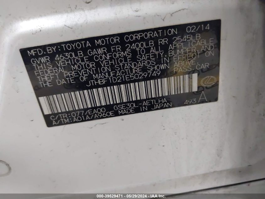 2014 Lexus Is 250 VIN: JTHBF1D21E5029749 Lot: 39529471