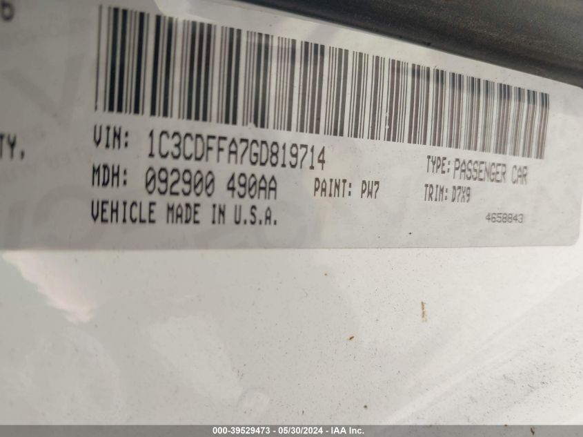 2016 Dodge Dart Sxt Sport VIN: 1C3CDFFA7GD819714 Lot: 39529473