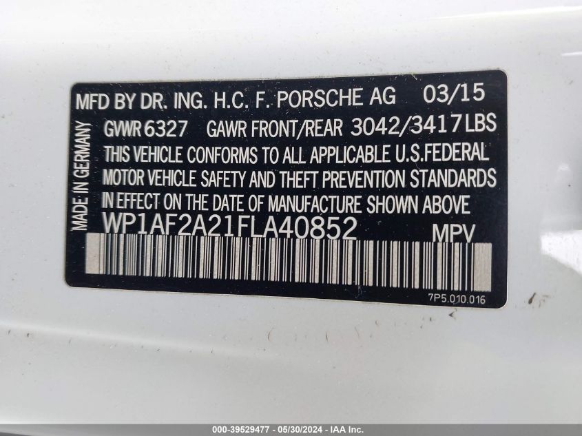 2015 Porsche Cayenne Diesel VIN: WP1AF2A21FLA40852 Lot: 39529477