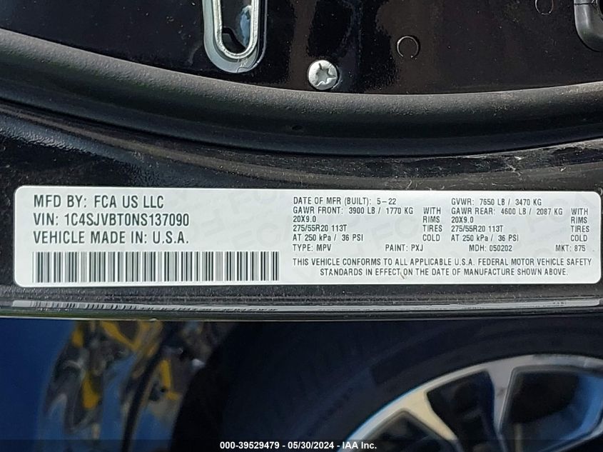 2022 Jeep Wagoneer Series Ii 4X4 VIN: 1C4SJVBT0NS137090 Lot: 39529479