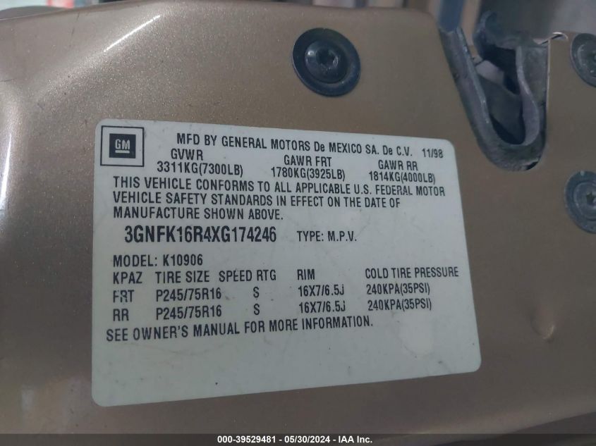 1999 Chevrolet Suburban 1500 Lt VIN: 3GNFK16R4XG174246 Lot: 39529481