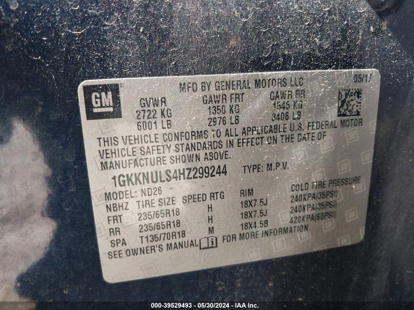 2017 GMC Acadia Slt-1 VIN: 1GKKNULS4HZ299244 Lot: 39529493
