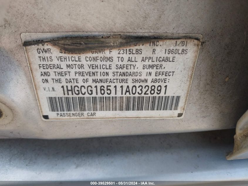2001 Honda Accord 3.0 Ex VIN: 1HGCG16511A032891 Lot: 39529501