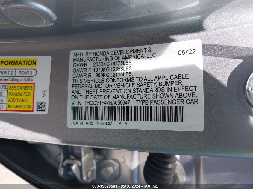 2022 Honda Accord Sport Special Edition VIN: 1HGCV1F47NA056647 Lot: 39529503