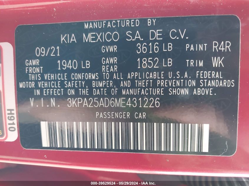 2021 Kia Rio 5-Door S VIN: 3KPA25AD6ME431226 Lot: 39529524