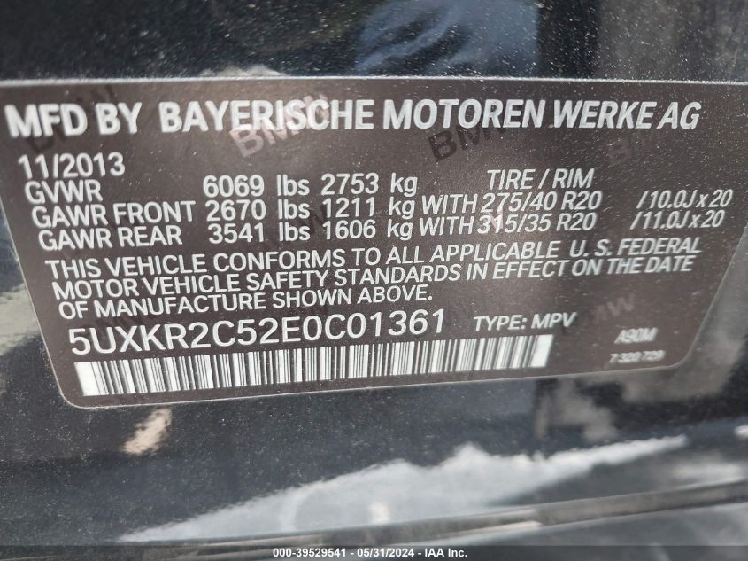 2014 BMW X5 Sdrive35I VIN: 5UXKR2C52E0C01361 Lot: 39529541