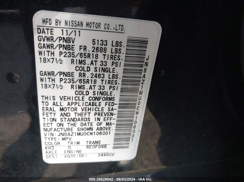 2012 Nissan Murano S VIN: JN8AZ1MU0CW106001 Lot: 39529542