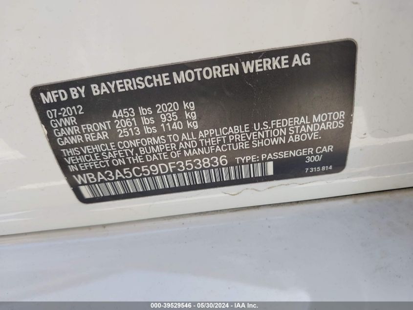 2013 BMW 328I VIN: WBA3A5C59DF353836 Lot: 39529546