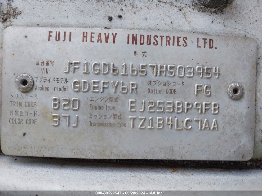 2007 Subaru Impreza 2.5I VIN: JF1GD61657H503954 Lot: 39529547