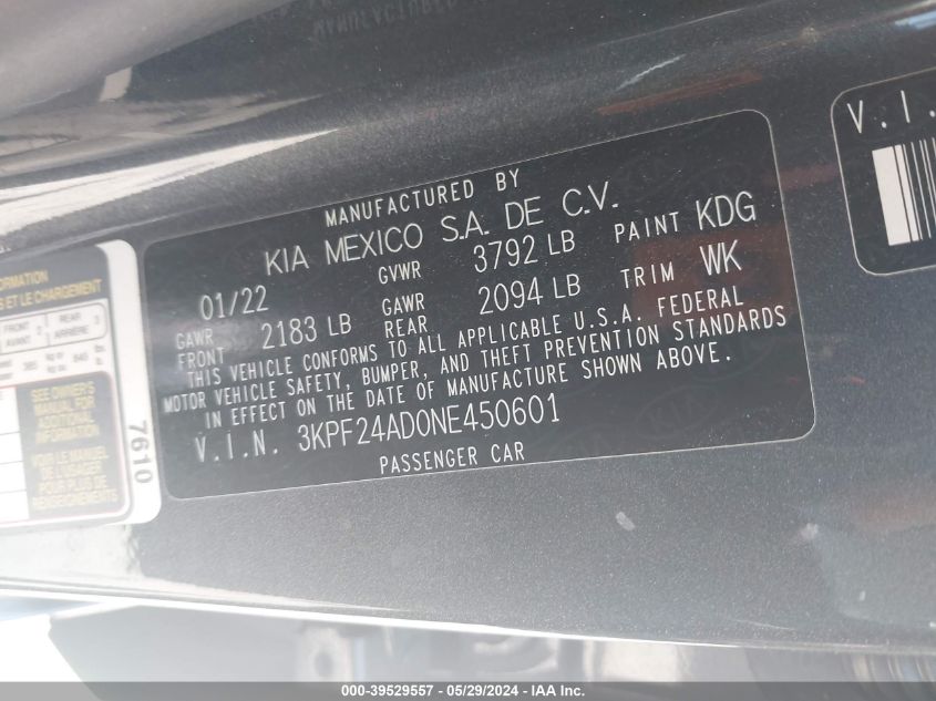 2022 Kia Forte Lxs VIN: 3KPF24AD0NE450601 Lot: 39529557