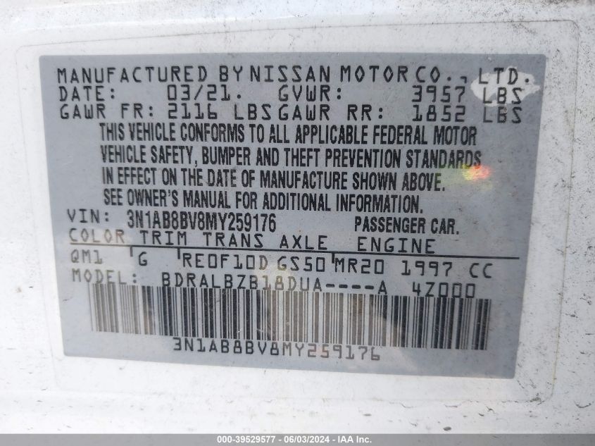 2021 Nissan Sentra S Xtronic Cvt VIN: 3N1AB8BV8MY259176 Lot: 39529577