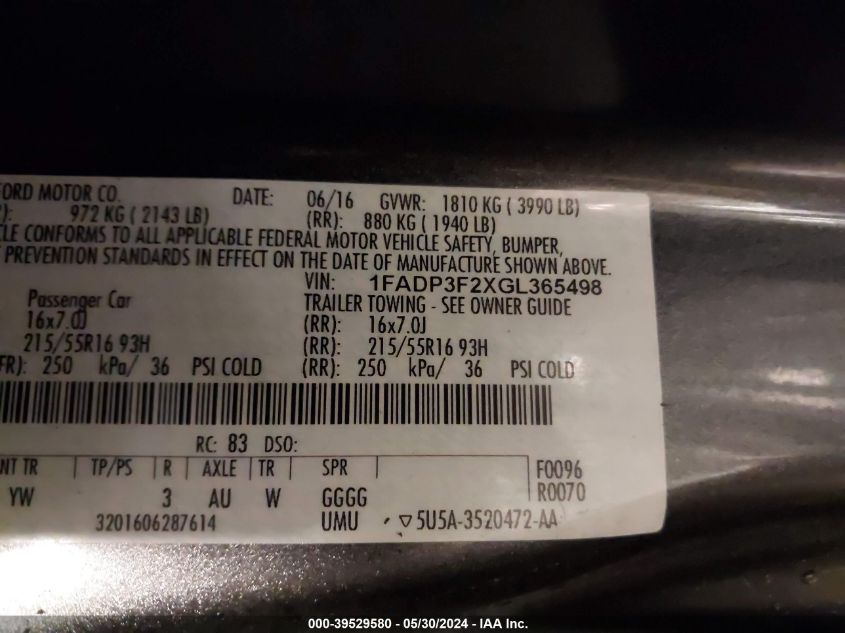 2016 Ford Focus Se VIN: 1FADP3F2XGL365498 Lot: 39529580