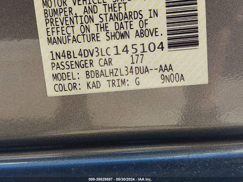 2020 Nissan Altima Sv Fwd VIN: 1N4BL4DV3LC145104 Lot: 39529587