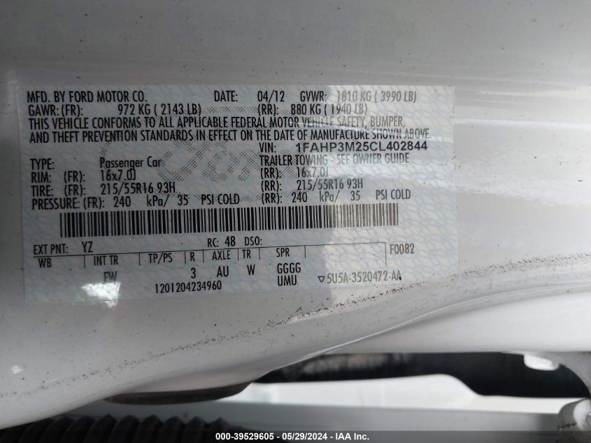 2012 Ford Focus Sel VIN: 1FAHP3M25CL402844 Lot: 39529605