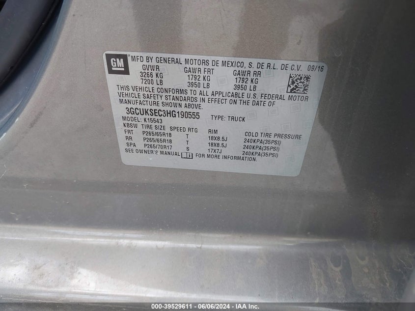 2017 Chevrolet Silverado 1500 2Lz VIN: 3GCUKSEC3HG190555 Lot: 39529611