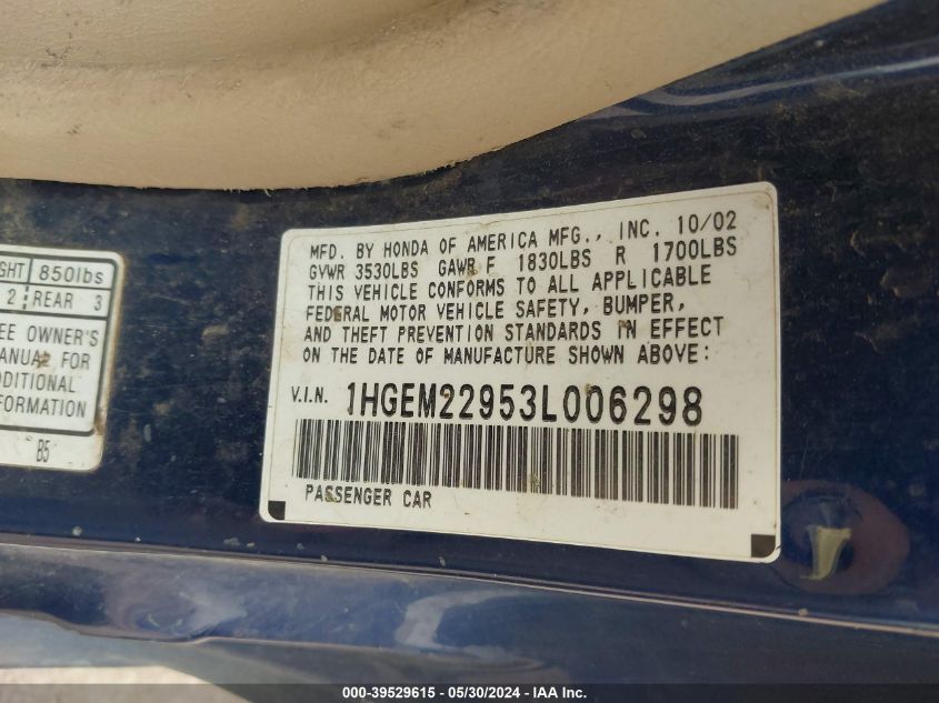 2003 Honda Civic Ex VIN: 1HGEM22953L006298 Lot: 39529615