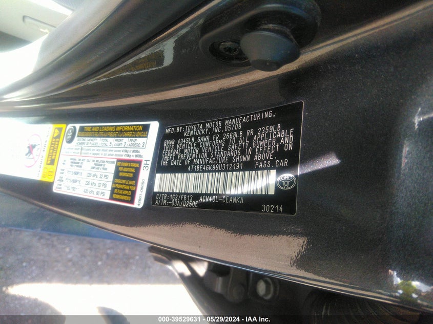 2009 Toyota Camry Le VIN: 4T1BE46K89U312191 Lot: 39529631