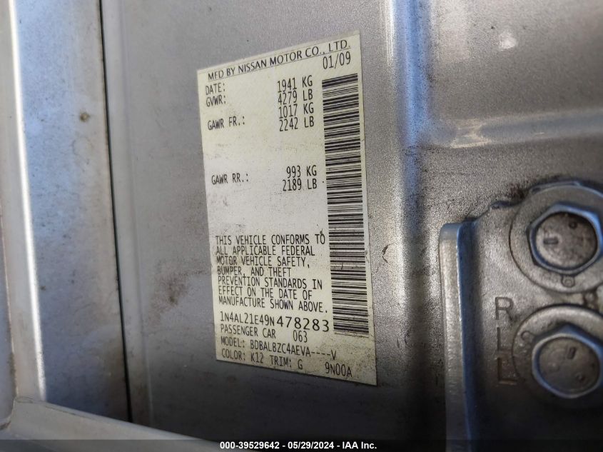 2009 Nissan Altima 2.5 S VIN: 1N4AL21E49N478283 Lot: 39529642