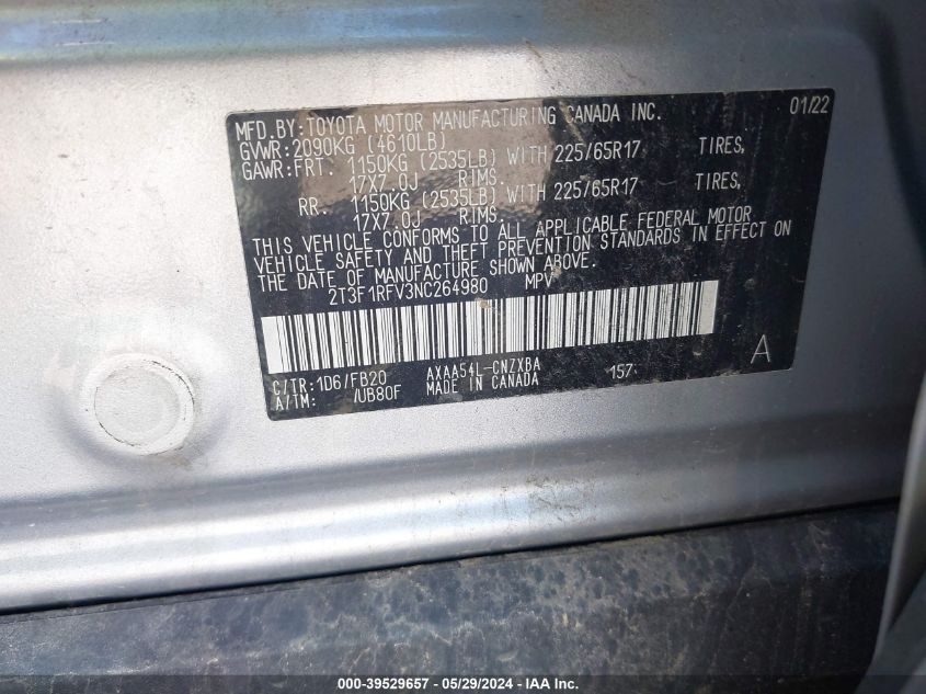 2022 Toyota Rav4 Le VIN: 2T3F1RFV3NC264980 Lot: 39529657