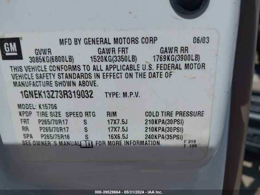 2003 Chevrolet Tahoe Z71 VIN: 1GNEK13Z73R319032 Lot: 39529664