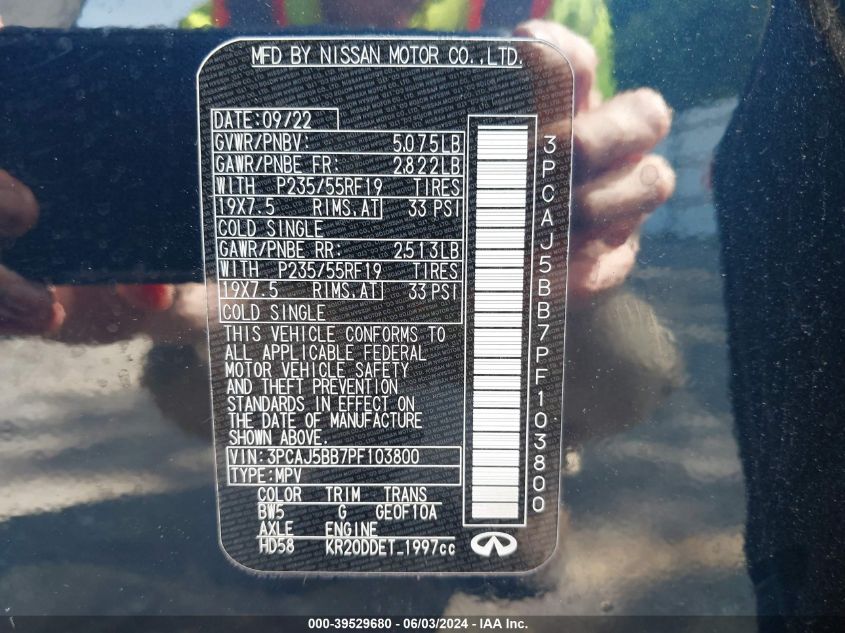 2023 Infiniti Qx50 Luxe VIN: 3PCAJ5BB7PF103800 Lot: 39529680