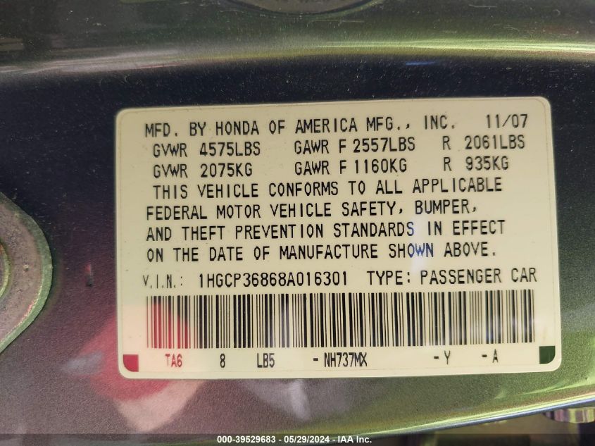 1HGCP36868A016301 | 2008 HONDA ACCORD