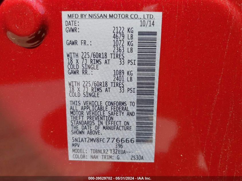 2015 Nissan Rogue Sl VIN: 5N1AT2MV8FC776666 Lot: 39529702