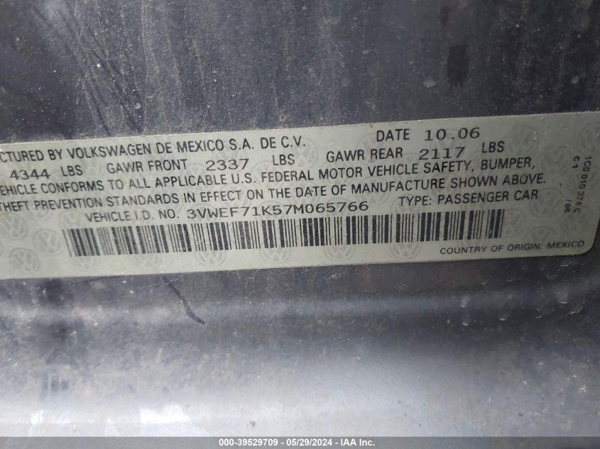 2007 Volkswagen Jetta Wolfsburg Edition VIN: 3VWEF71K57M065766 Lot: 39529709
