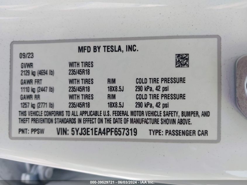 2023 TESLA MODEL 3 REAR-WHEEL DRIVE - 5YJ3E1EA4PF657319