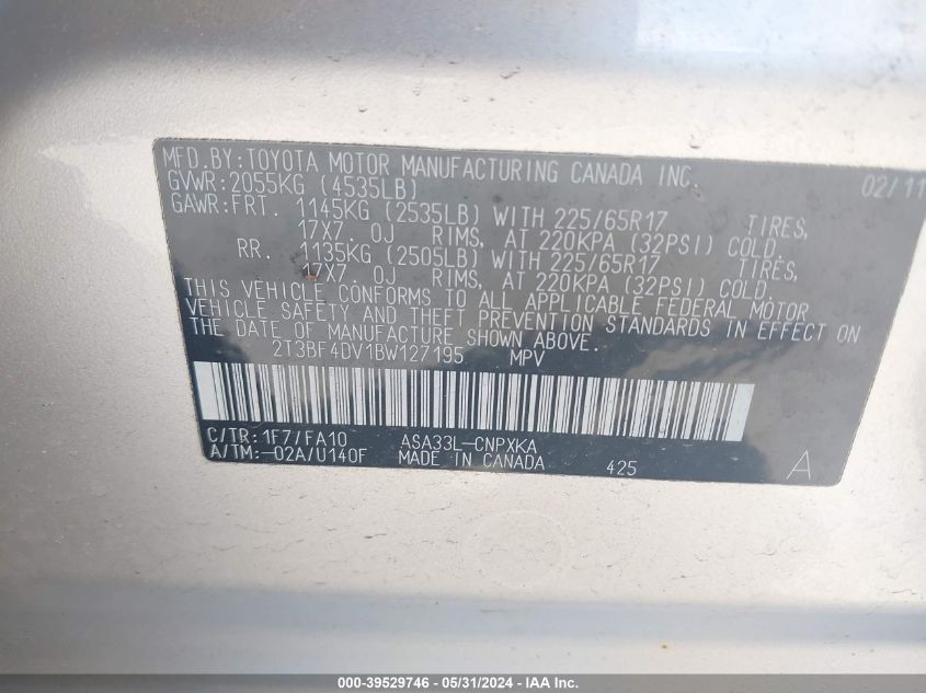 2011 Toyota Rav4 VIN: 2T3BF4DV1BW127195 Lot: 39529746