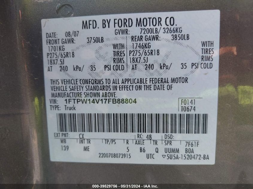 2007 Ford F-150 Fx4/Lariat/Xlt VIN: 1FTPW14V17FB88804 Lot: 39529756