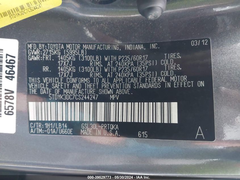 2012 Toyota Sienna Xle V6 8 Passenger VIN: 5TDYK3DC7CS244247 Lot: 39529773