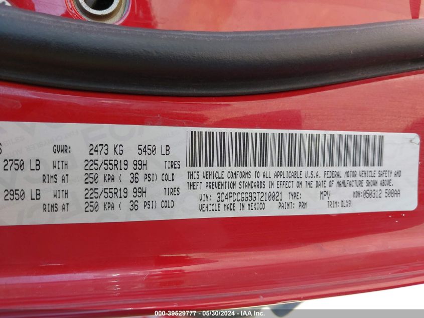 2016 Dodge Journey Crossroad Plus VIN: 3C4PDCGG9GT210021 Lot: 39529777