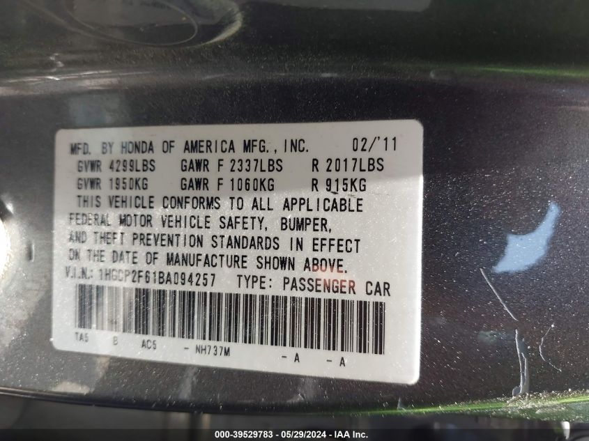 2011 Honda Accord 2.4 Se VIN: 1HGCP2F61BA094257 Lot: 39529783