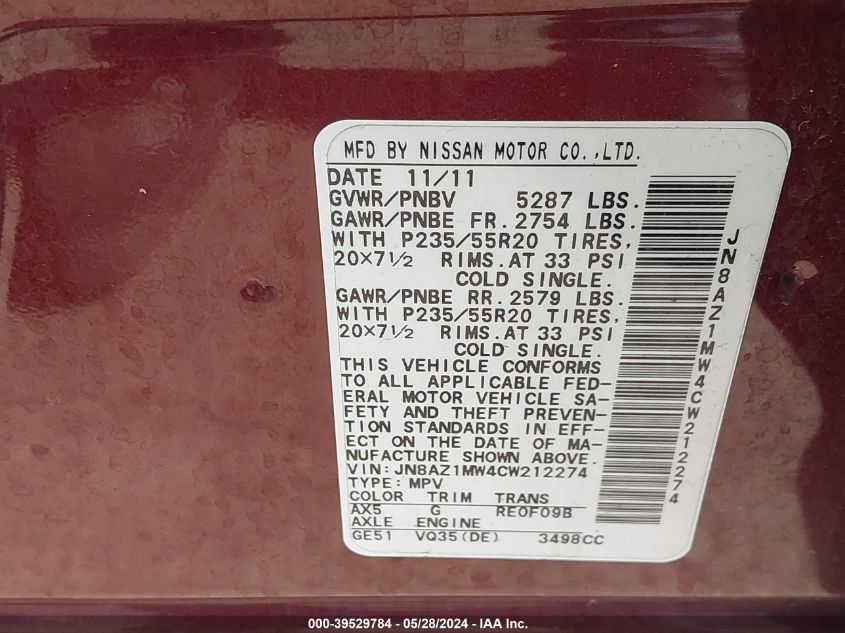 2012 Nissan Murano Le VIN: JN8AZ1MW4CW212274 Lot: 39529784