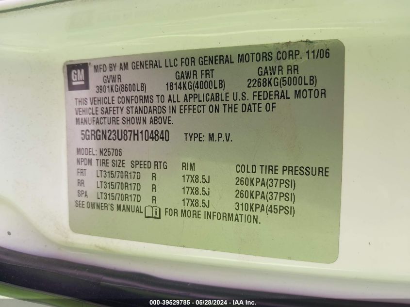 2007 Hummer H2 Suv VIN: 5GRGN23U87H104840 Lot: 39529785