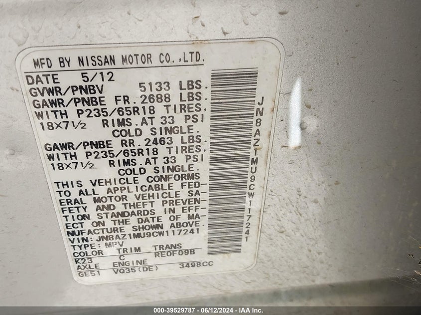 2012 Nissan Murano S VIN: JN8AZ1MU9CW117241 Lot: 39529787